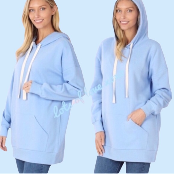 Tops - Blue Drawstring Hoodie Sweatshirt Tunic Top
